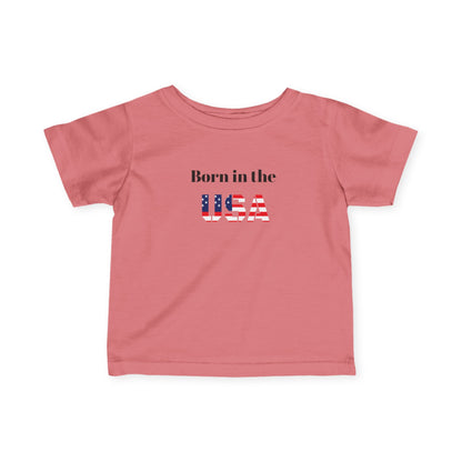 Infant baby T-shirt with "Born in the USA" patriotic print, kids clothes by Printify featuring red, white, and blue design.