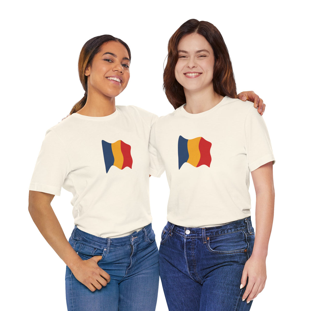 Romania flag T-shirt by Printify featuring a minimal waving tricolor design, casual cotton tee for patriotic style.