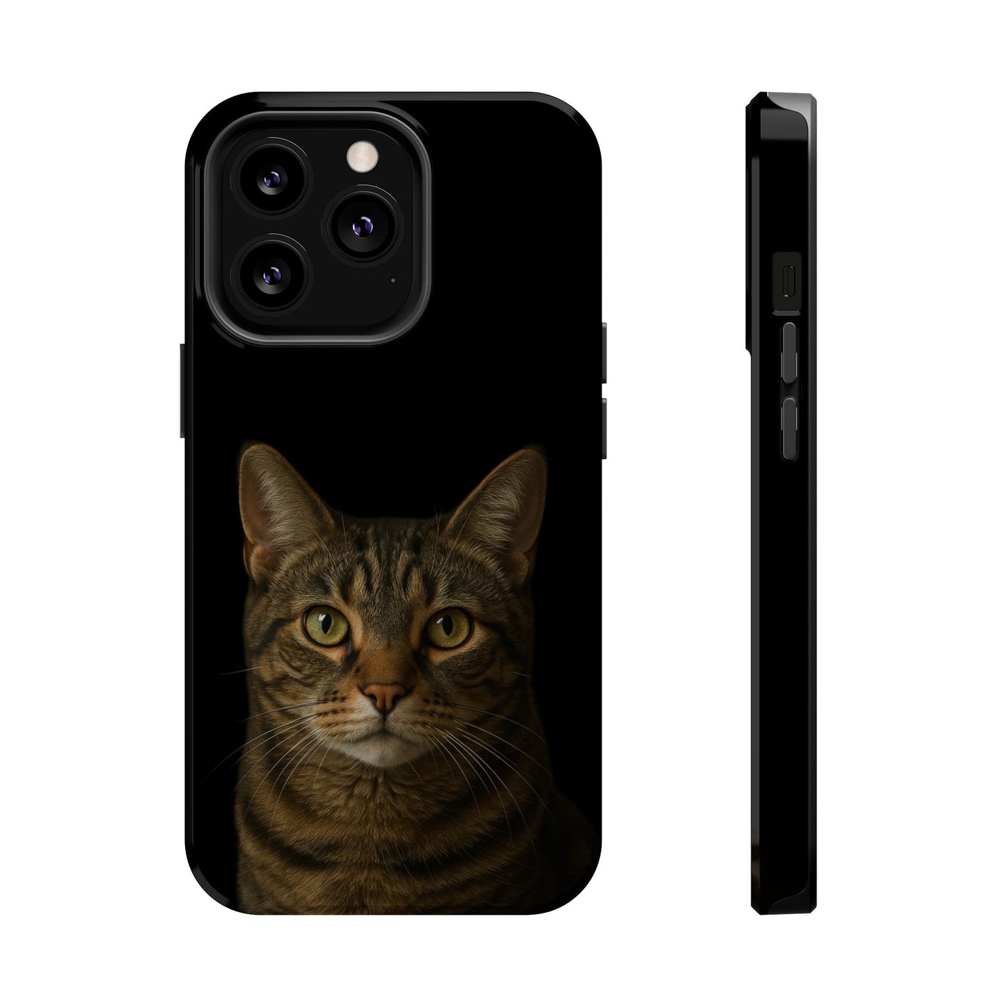 Tabby cat portrait phone case, lifestyle photo on table