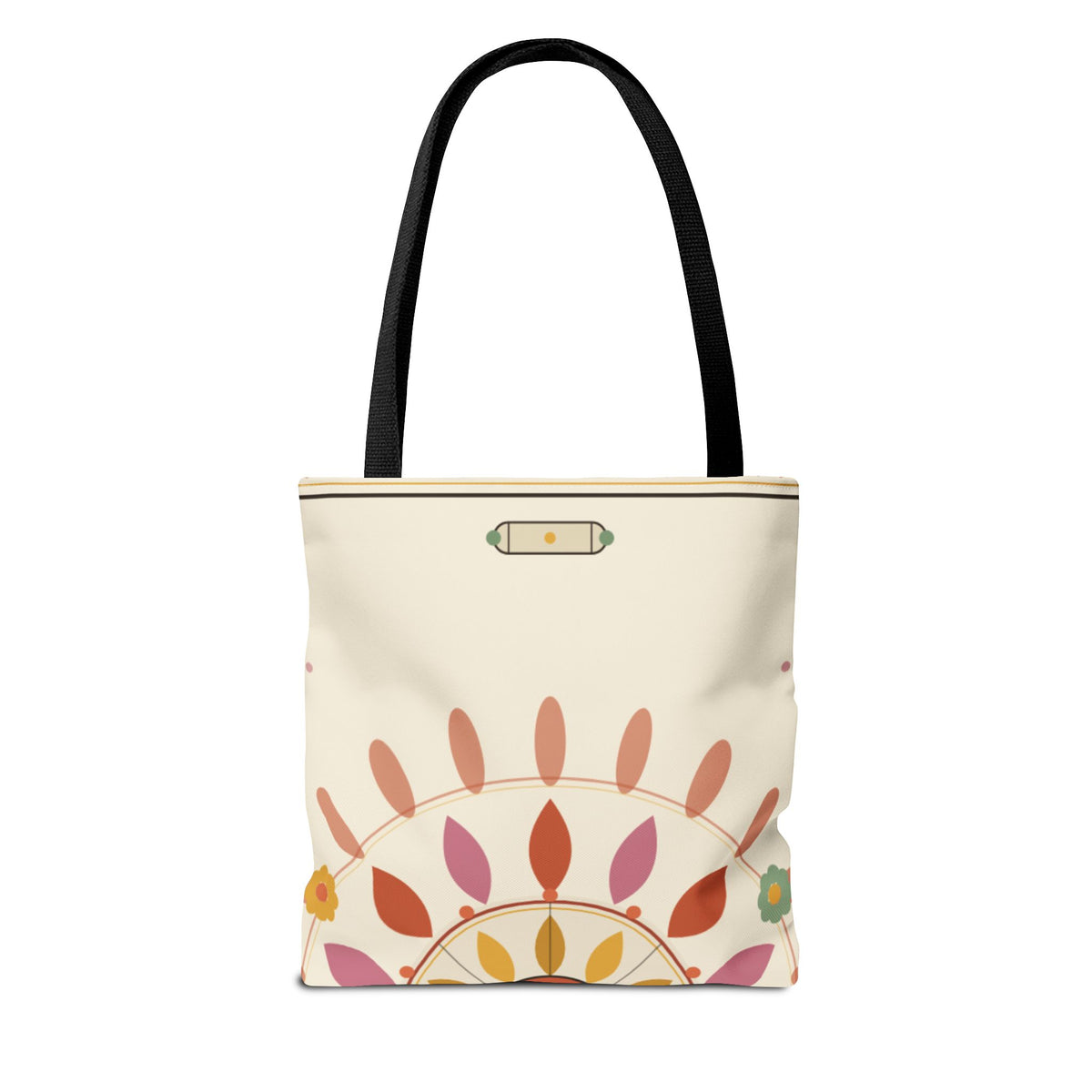 Boho floral mandala tote bag with pastel sunburst pattern by Printify, featuring colorful, bohemian-inspired design on fabric bag.