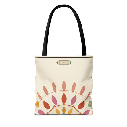 Boho floral mandala tote bag with pastel sunburst pattern by Printify, featuring colorful, bohemian-inspired design on fabric bag.