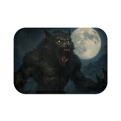 Werewolf Moon bath rug by Printify featuring a spooky horror design with a werewolf and moon for bathroom decor.