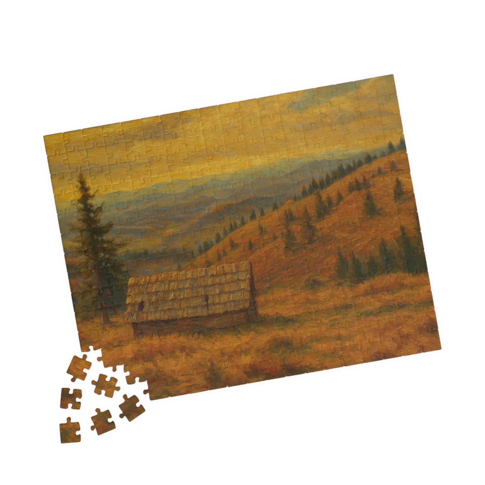 Autumn mountain cabin landscape puzzle by Printify, 520-piece jigsaw showing a scenic mountain and forest scene