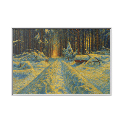 Framed matte canvas print of a snowy forest path at sunset, wall art by Printify featuring winter landscape scene.