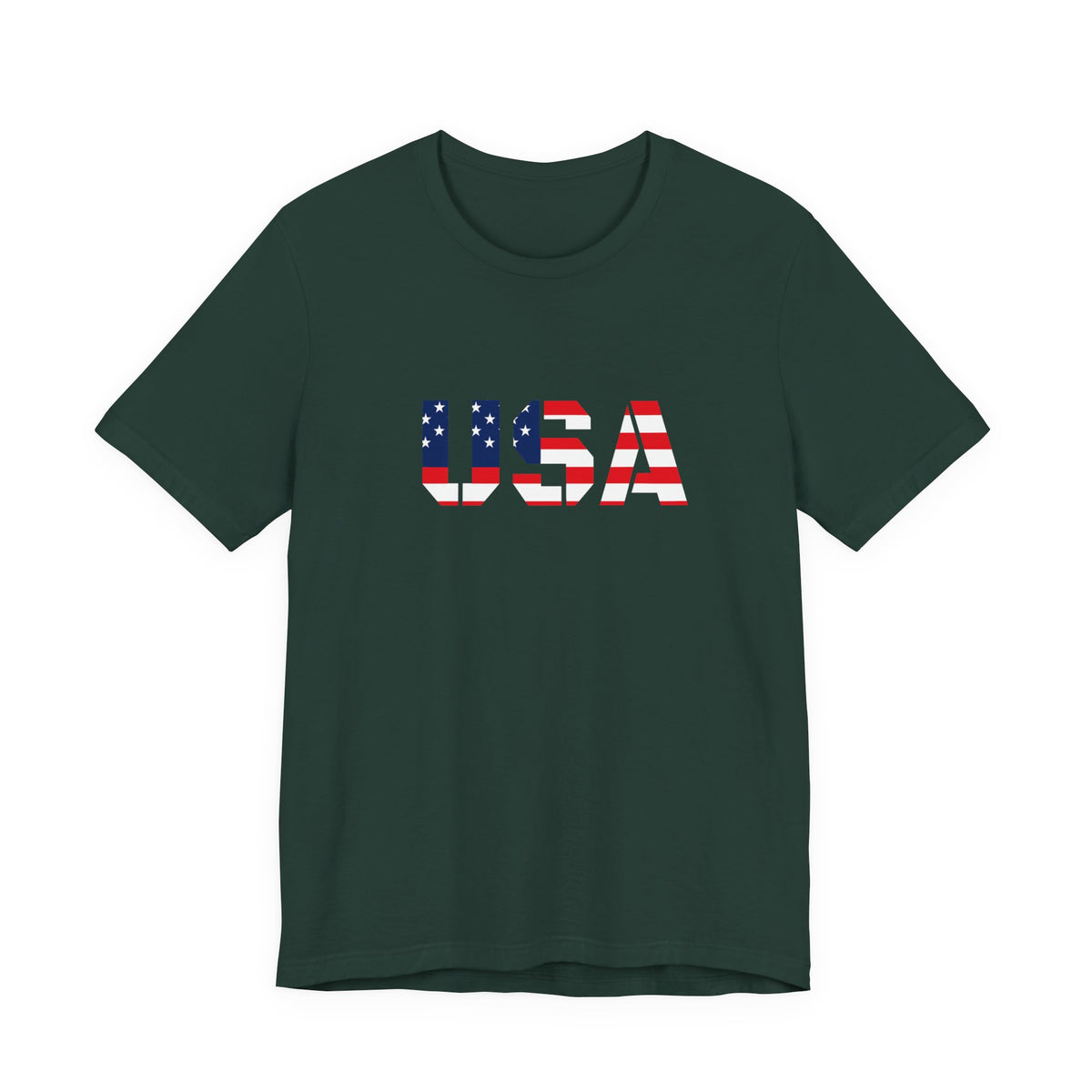 USA Flag Text T-shirt by Printify featuring patriotic red, white, and blue design for Fourth of July celebrations.