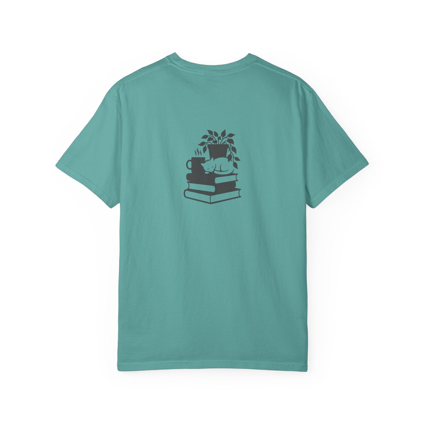 Cozy Cat on Books T-Shirt | Reading Tea Stack Illustration