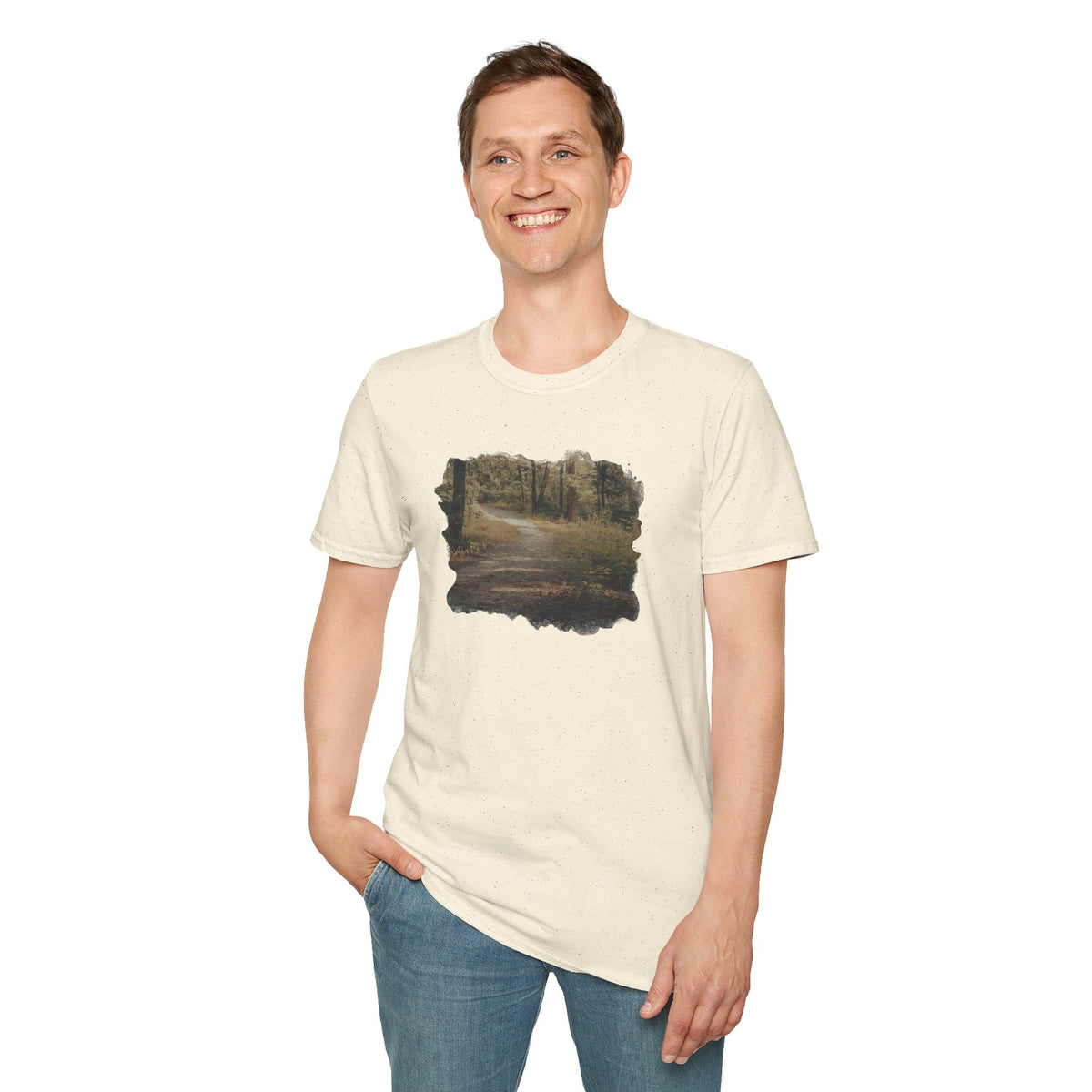 Vintage forest landscape print on Printify Nature Pathway T-Shirt featuring a scenic nature pathway design.