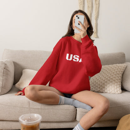 Red, white, and blue USA crewneck sweatshirt by Printify featuring patriotic design, cozy fit, perfect for all seasons.