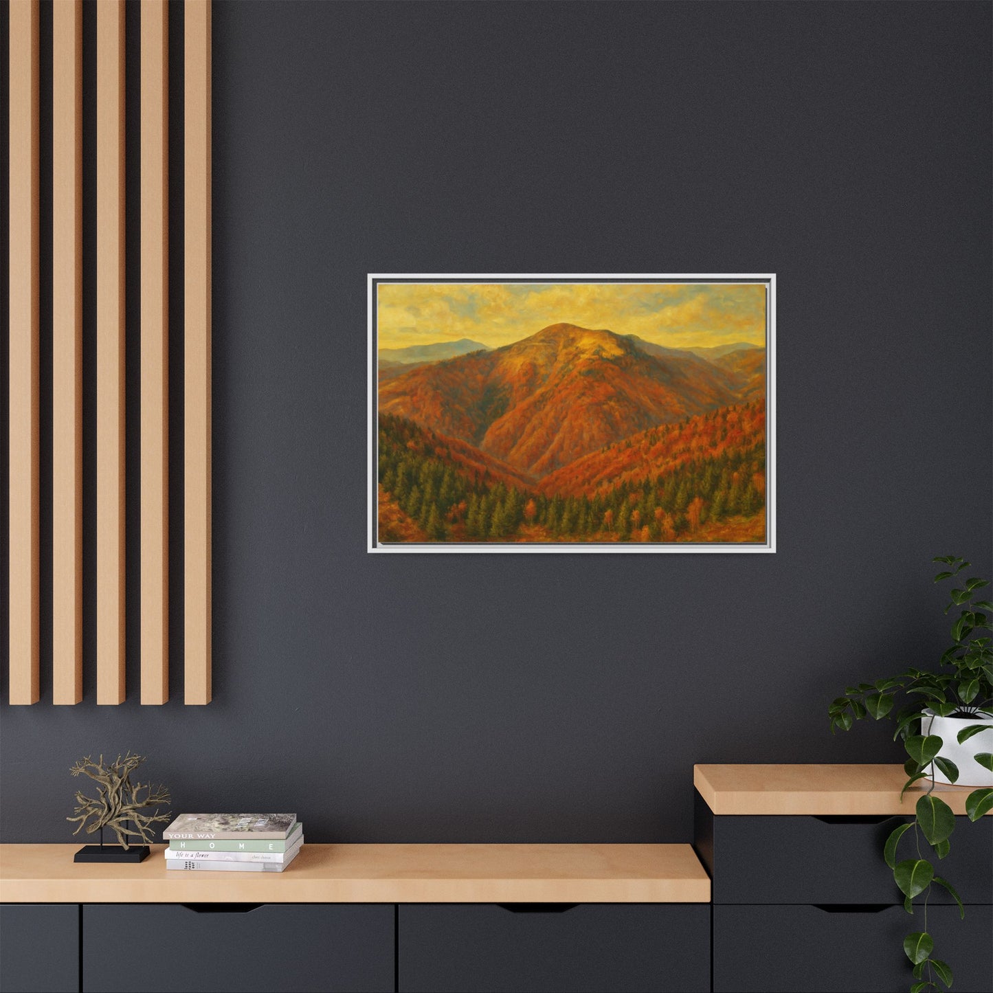 Autumn mountain matte canvas framed wall art by Printify featuring a scenic mountain landscape in warm autumn colors.
