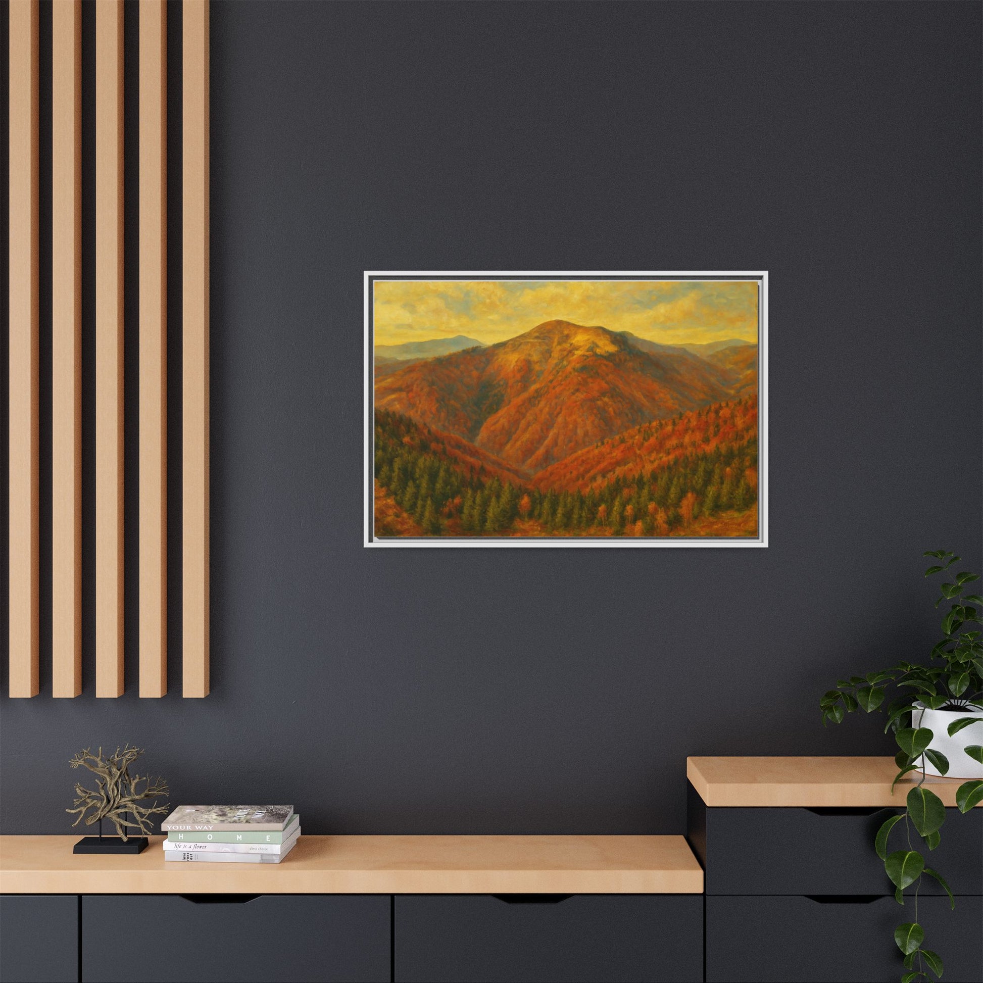 Autumn mountain matte canvas framed wall art by Printify featuring a scenic mountain landscape in warm autumn colors.