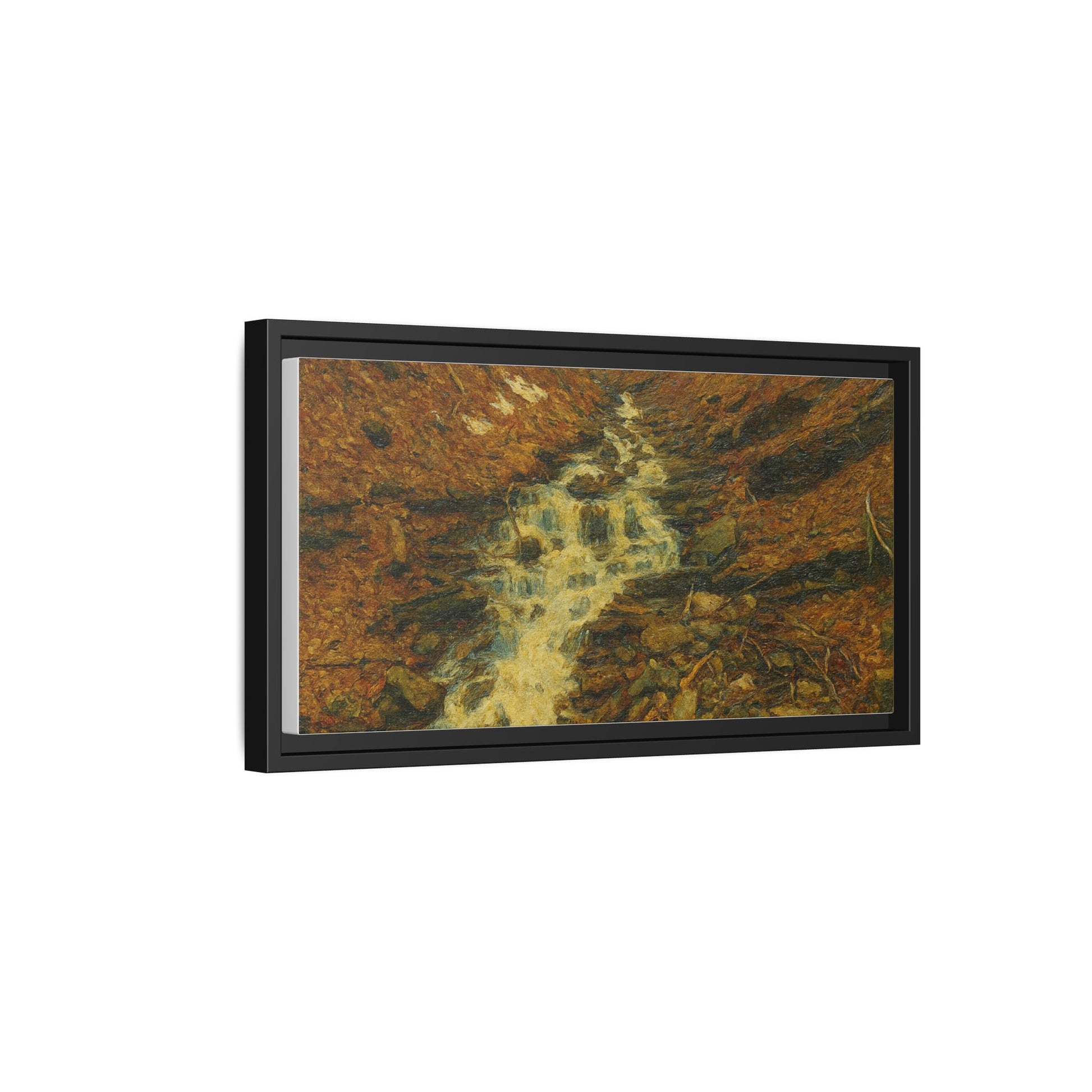 Framed matte canvas print of autumn stream landscape artwork by Printify featuring vibrant fall colors and serene nature scene.