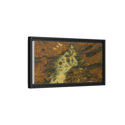 Framed matte canvas print of autumn stream landscape artwork by Printify featuring vibrant fall colors and serene nature scene.