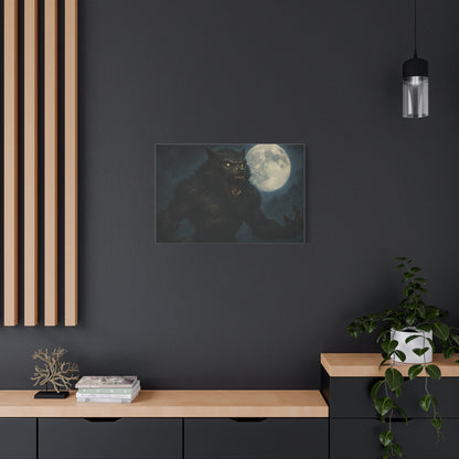 Spooky werewolf moon matte canvas print featuring a full moon, dark forest, and eerie night scene for wall decor.