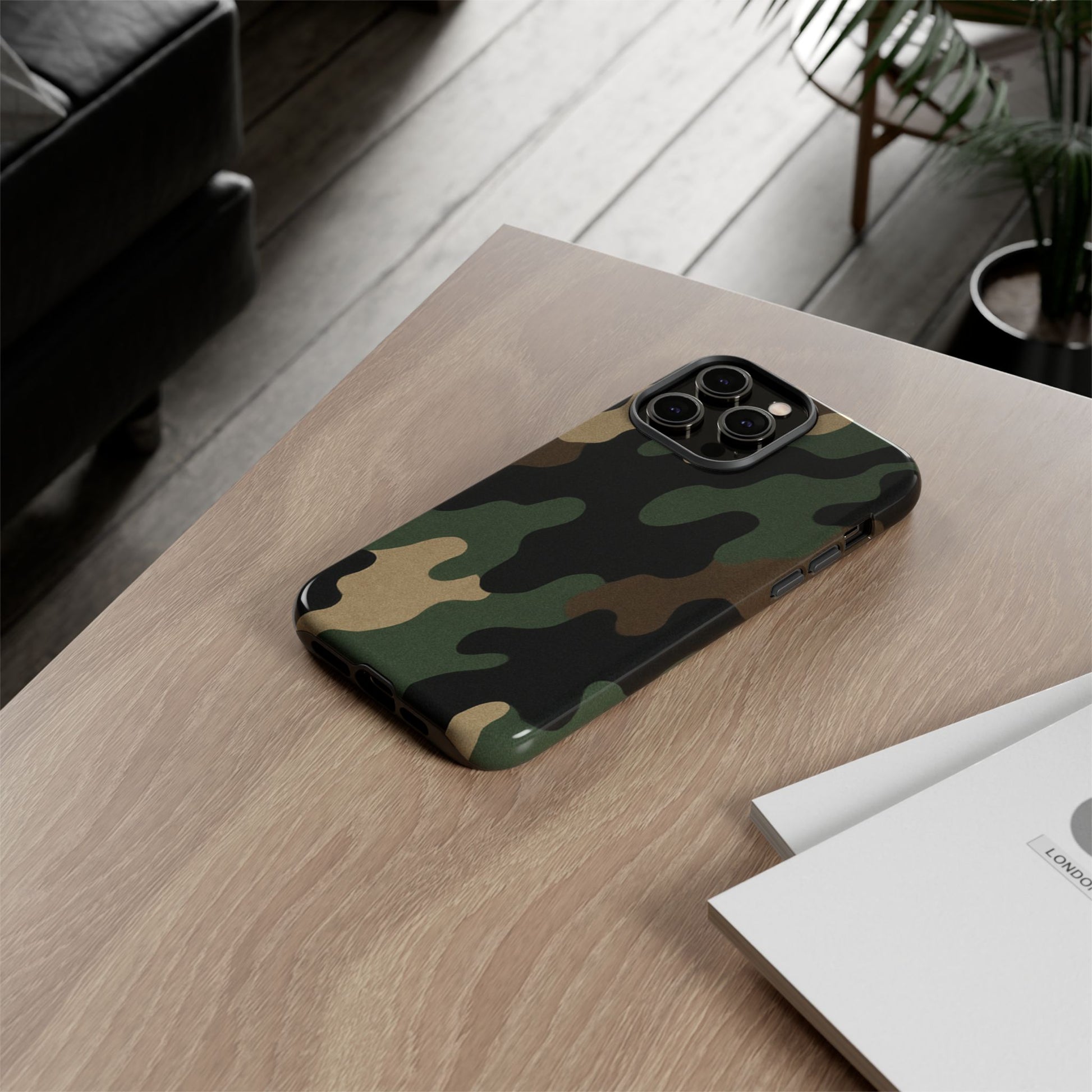 Camo Tough Phone Case in military green, rugged protective cover for smartphones by Printify.