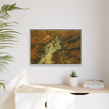 Framed matte canvas print featuring autumn stream landscape artwork by Printify, showcasing vibrant fall colors and a peaceful nature scene.