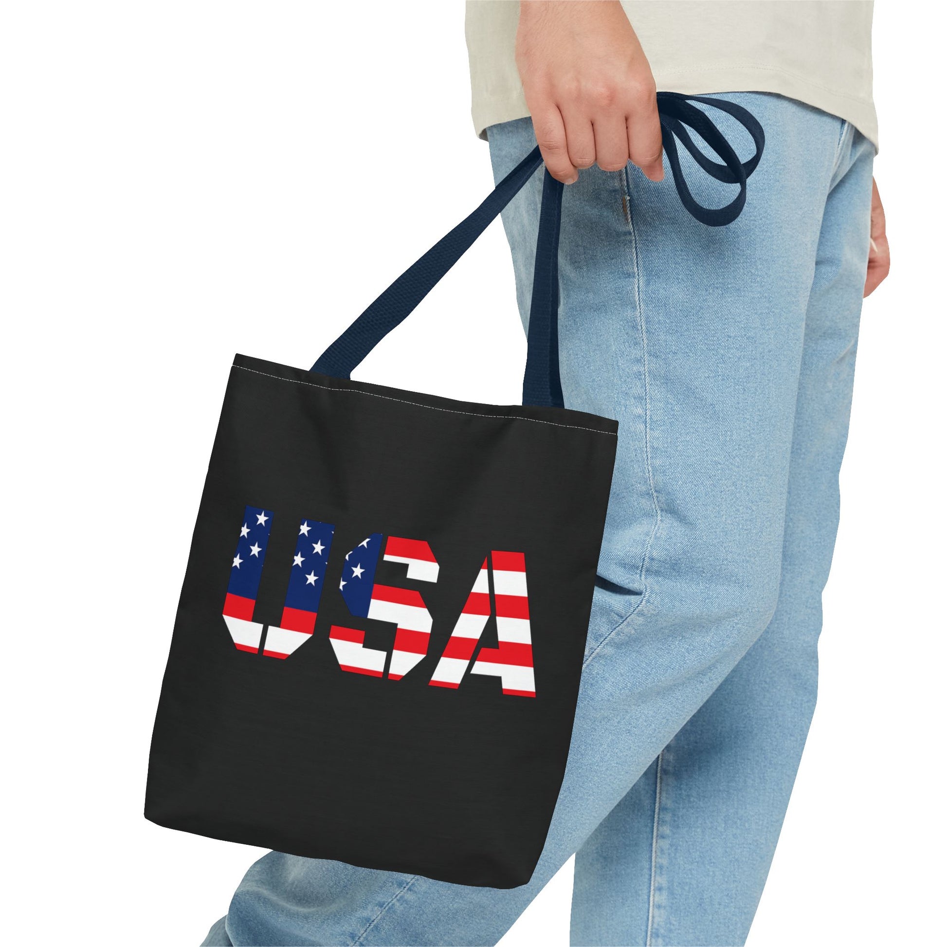 Reusable patriotic USA flag tote bag from Printify, summer carryall with 4th of July flag design, perfect for festive outdoor use.