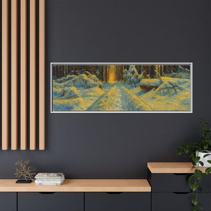 Framed matte canvas print of a snowy forest path at sunset, showcasing winter landscape wall art by Printify.