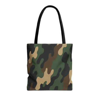 Camo pattern tote bag by Printify with all-over camouflage print, made of durable canvas, perfect for carrying everyday essentials.