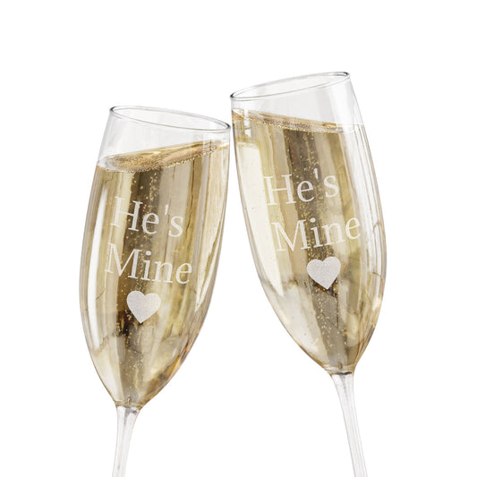 Engraved 8oz Champagne Flute — "He's Mine" Heart Wedding Toast Glass