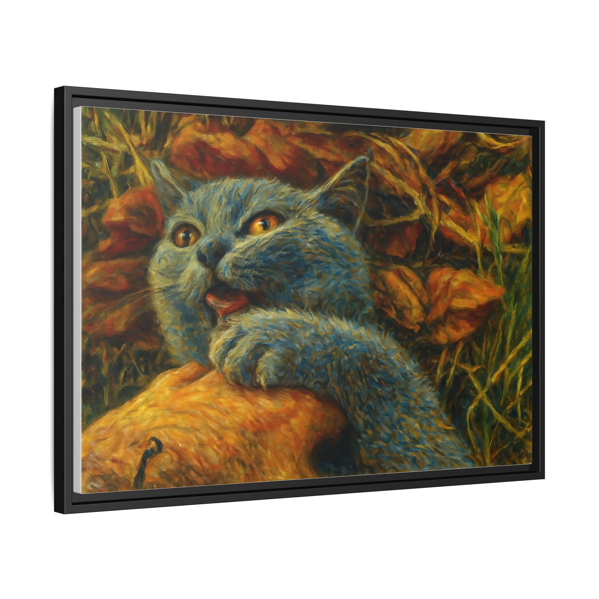 Blue cat canvas print featuring whimsical artwork, perfect as wall decor or gift for cat lovers, by Printify.