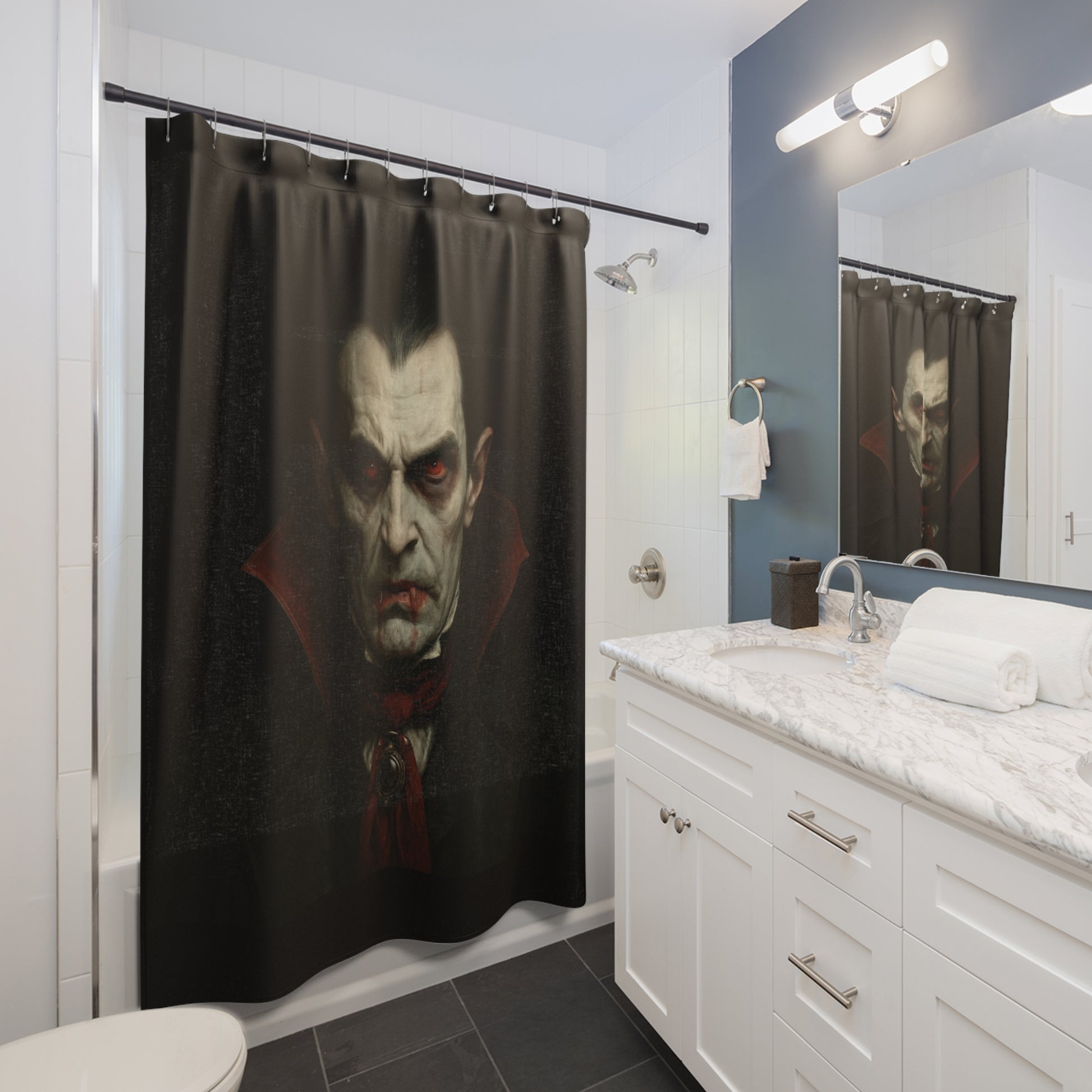 Gothic vampire portrait shower curtain with dark, horror-themed artwork for unique bathroom decor. Made by Printify.