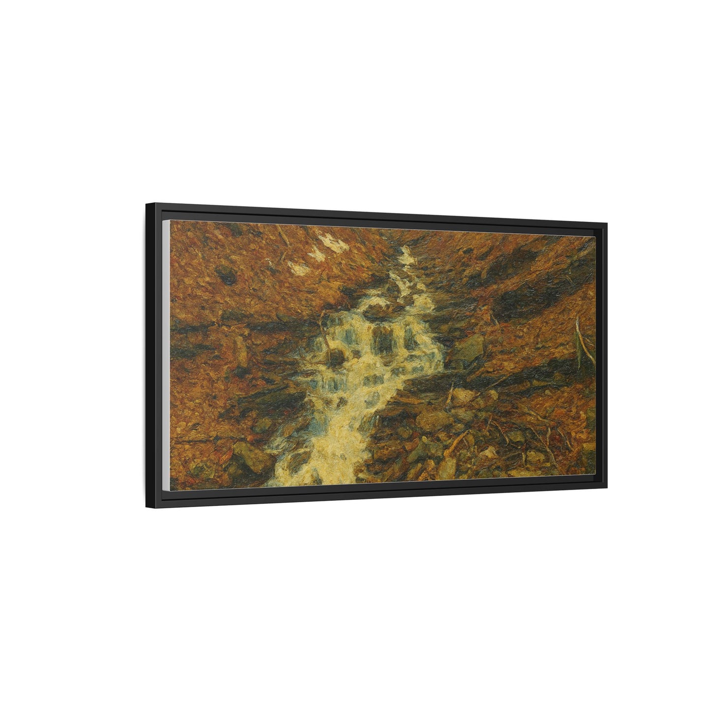 Framed matte canvas print of autumn stream landscape artwork by Printify, showcasing vibrant fall colors and natural scenery.