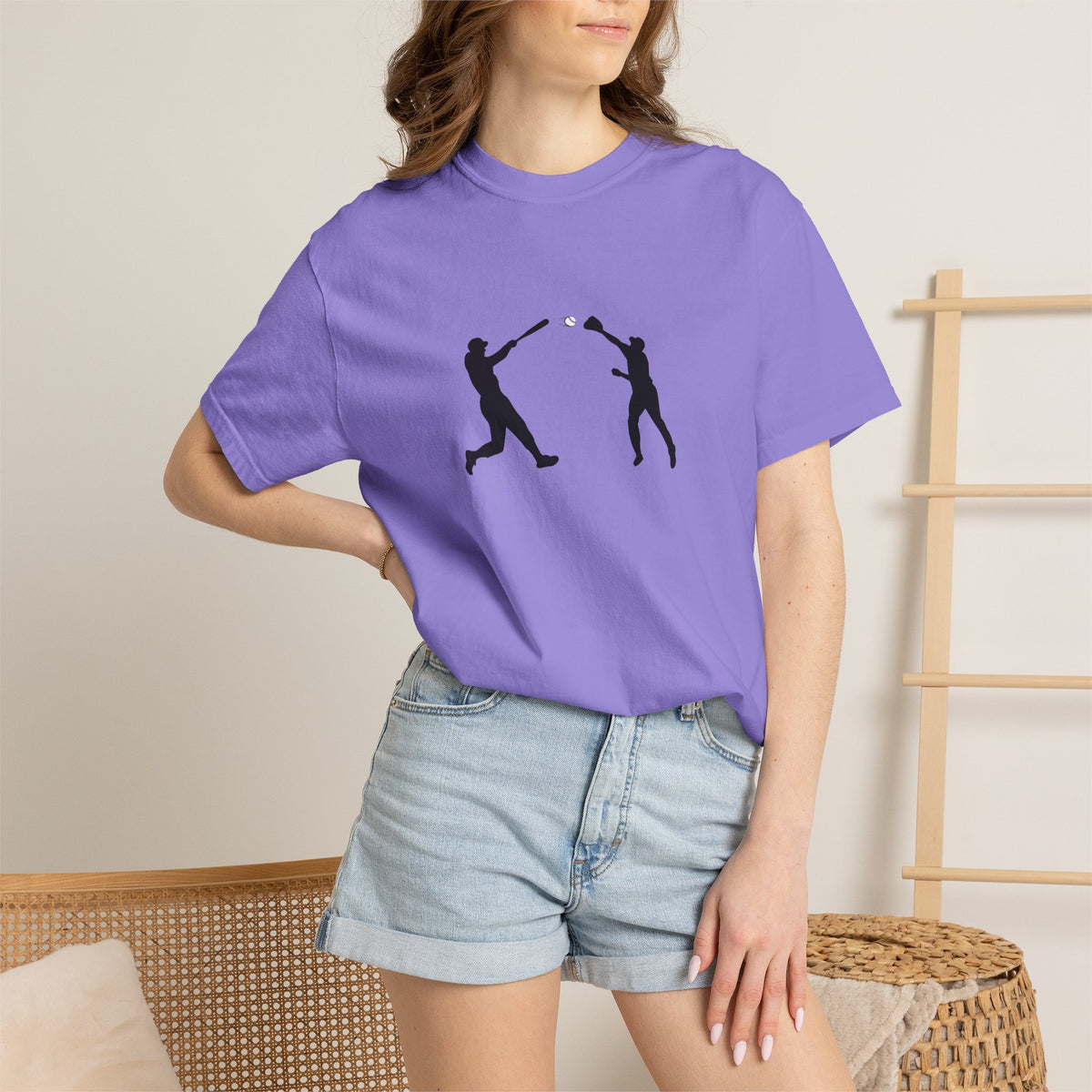 Minimal baseball players silhouette graphic T-shirt by Printify featuring a clean, modern baseball-themed design on a casual tee.