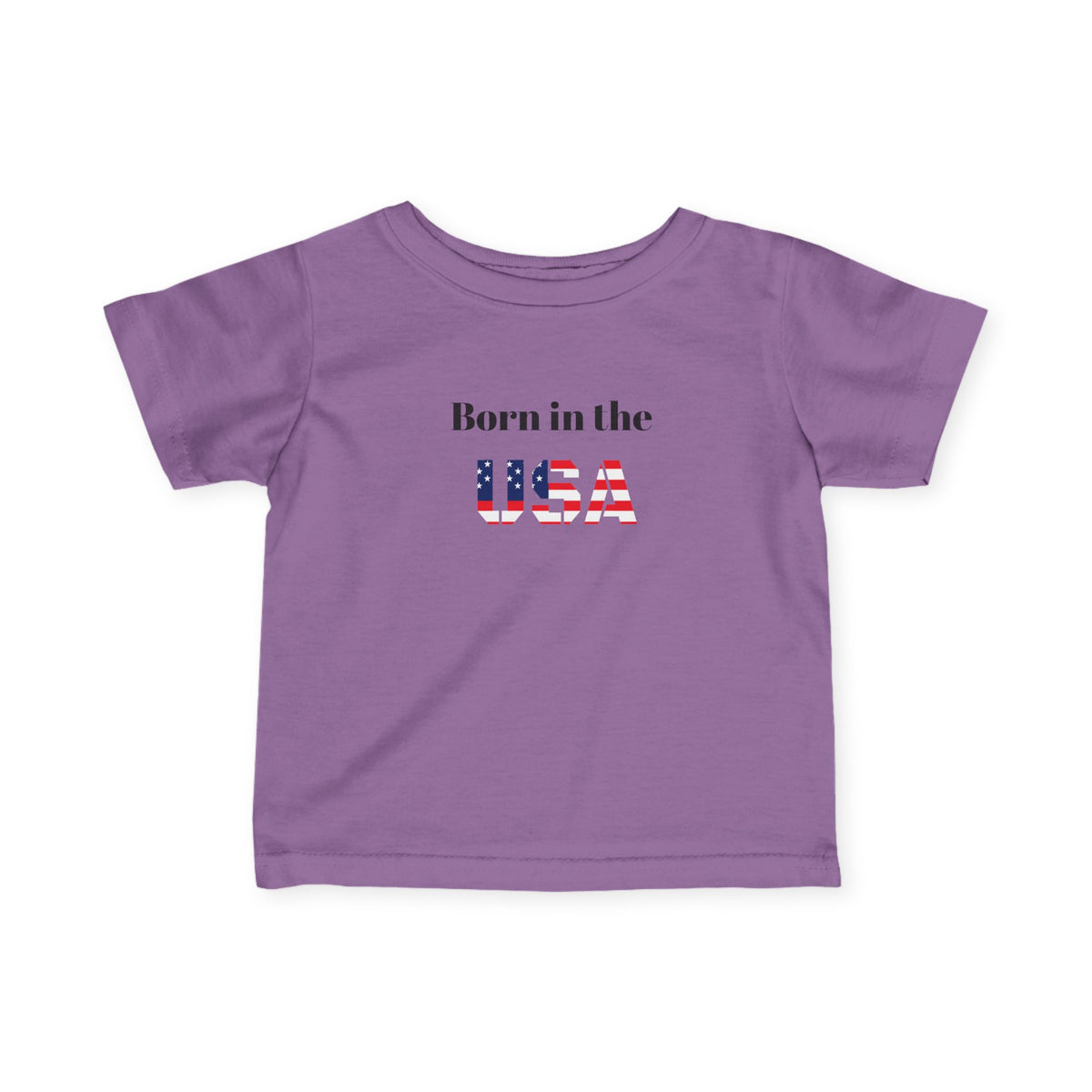 Infant baby T-shirt with "Born in the USA" patriotic print, kids clothing by Printify, featuring a comfortable cotton design.