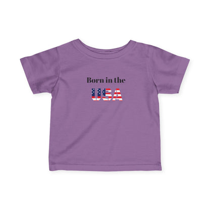 Infant baby T-shirt with "Born in the USA" patriotic print, kids clothing by Printify, featuring a comfortable cotton design.