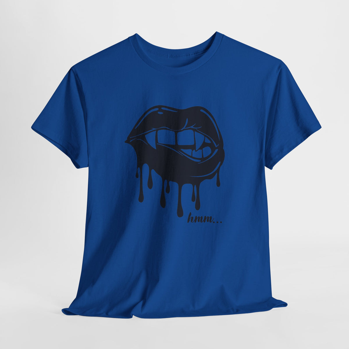 Graphic T-shirt featuring dripping lips with 'hmm...' bite design in black and white, by Printify.
