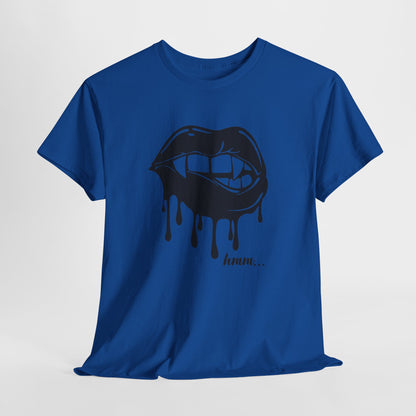 Graphic T-shirt featuring dripping lips with 'hmm...' bite design in black and white, by Printify.