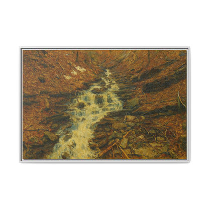 Framed matte canvas print of autumn stream landscape artwork by Printify, featuring colorful fall trees and a peaceful water scene.