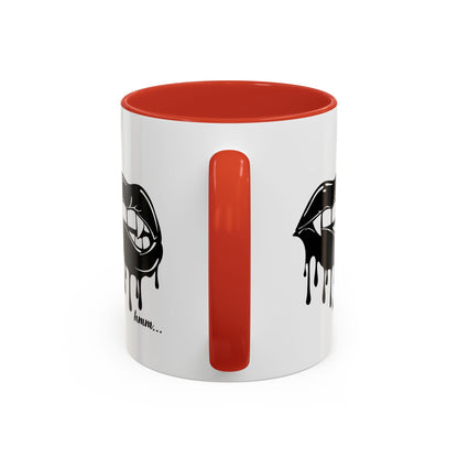 Black accent Dripping Bite coffee mug by Printify, 11oz or 15oz size, showing the unique dripping design on a ceramic mug.