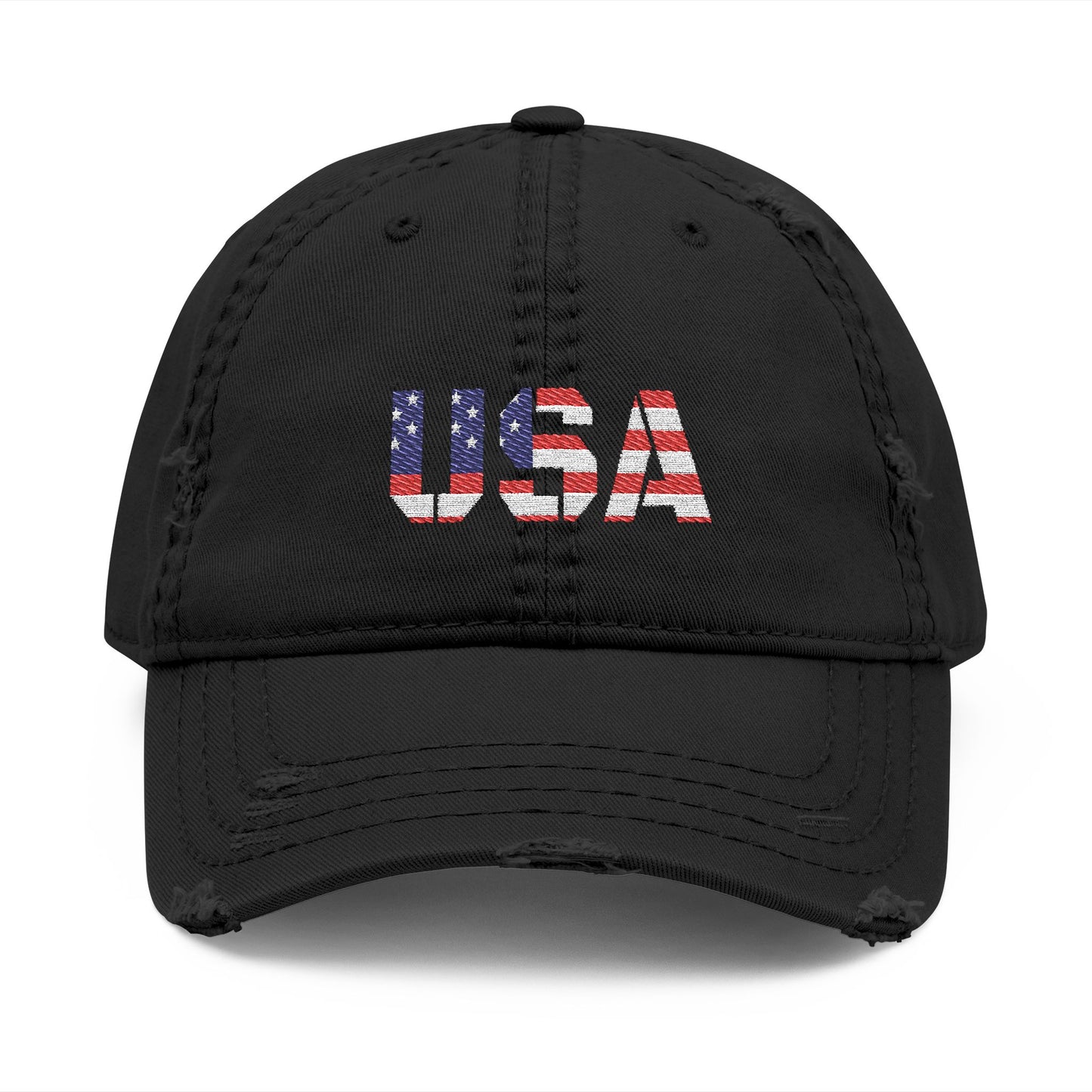 Distressed USA flag embroidered dad hat featuring patriotic design and adjustable strap, made by Printify.