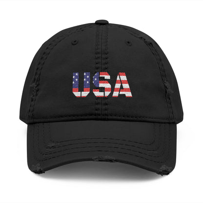 Distressed USA flag embroidered dad hat featuring patriotic design and adjustable strap, made by Printify.