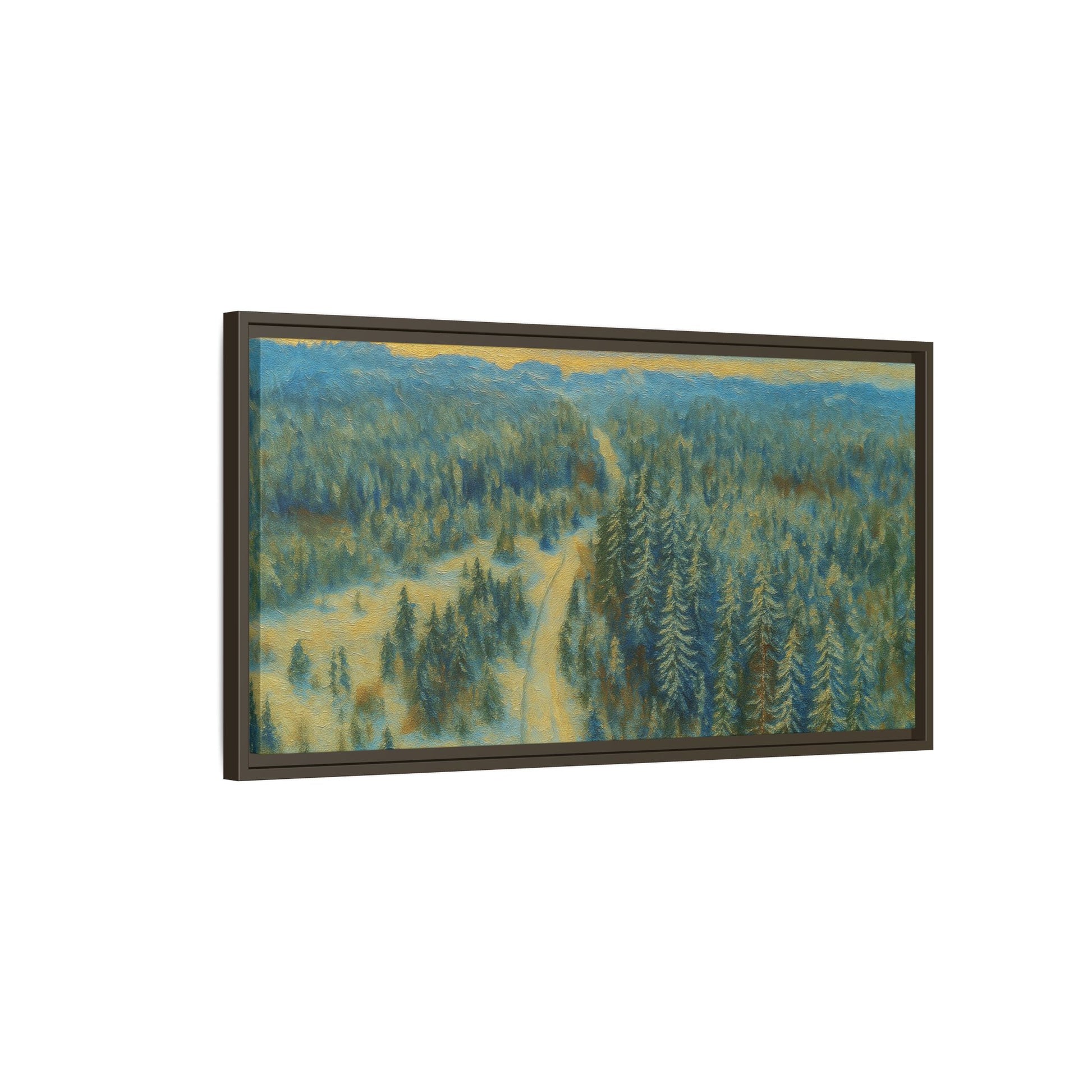 Framed matte canvas print of a winter forest landscape, showcasing serene trees and snow-covered scenery by Printify.