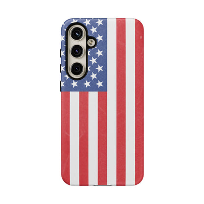 American flag tough phone case for iPhone and Samsung, patriotic protective cover with bold flag design by Printify.