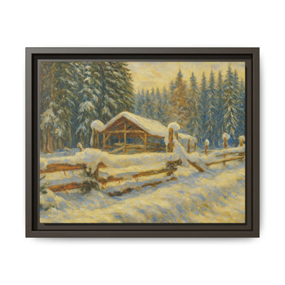 Snowy cabin matte canvas framed wall art depicting a winter landscape scene with a cozy cabin and snow-covered trees.