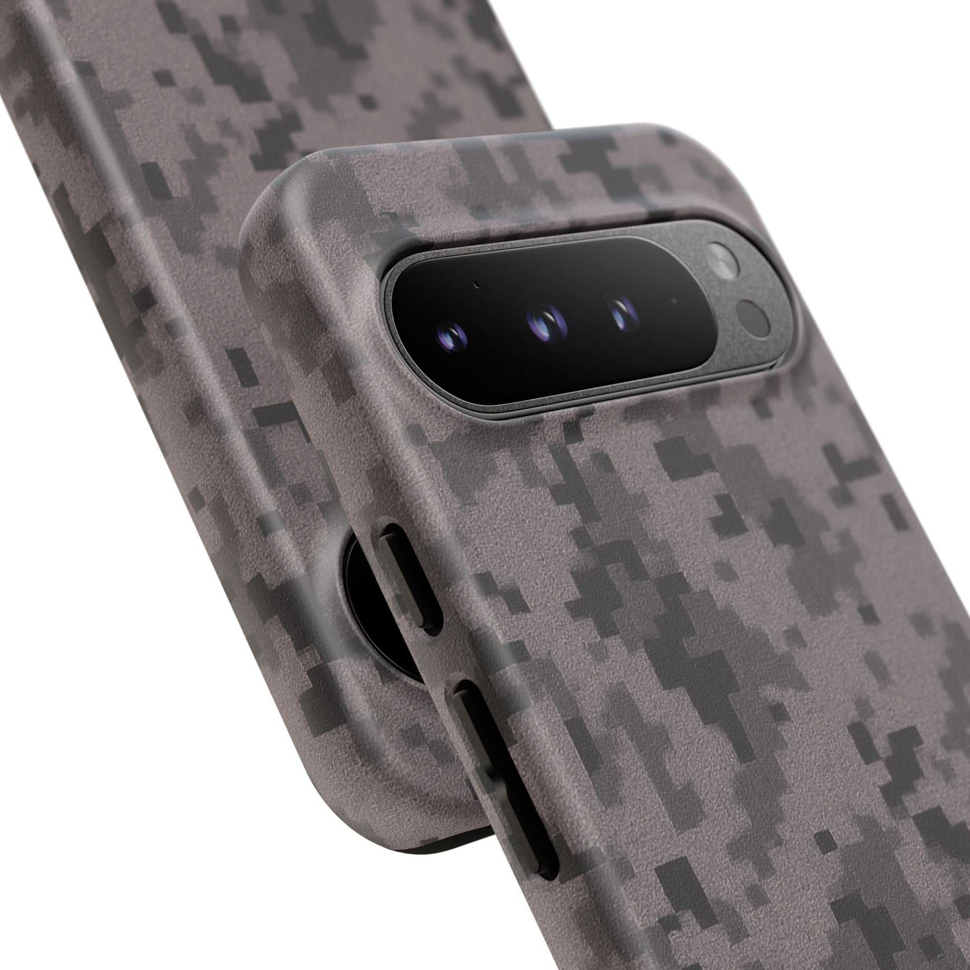 Gray digital camouflage phone case by Printify, rugged protective cover designed for smartphones with gray camo pattern.