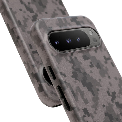 Gray digital camouflage phone case by Printify, rugged protective cover designed for smartphones with gray camo pattern.