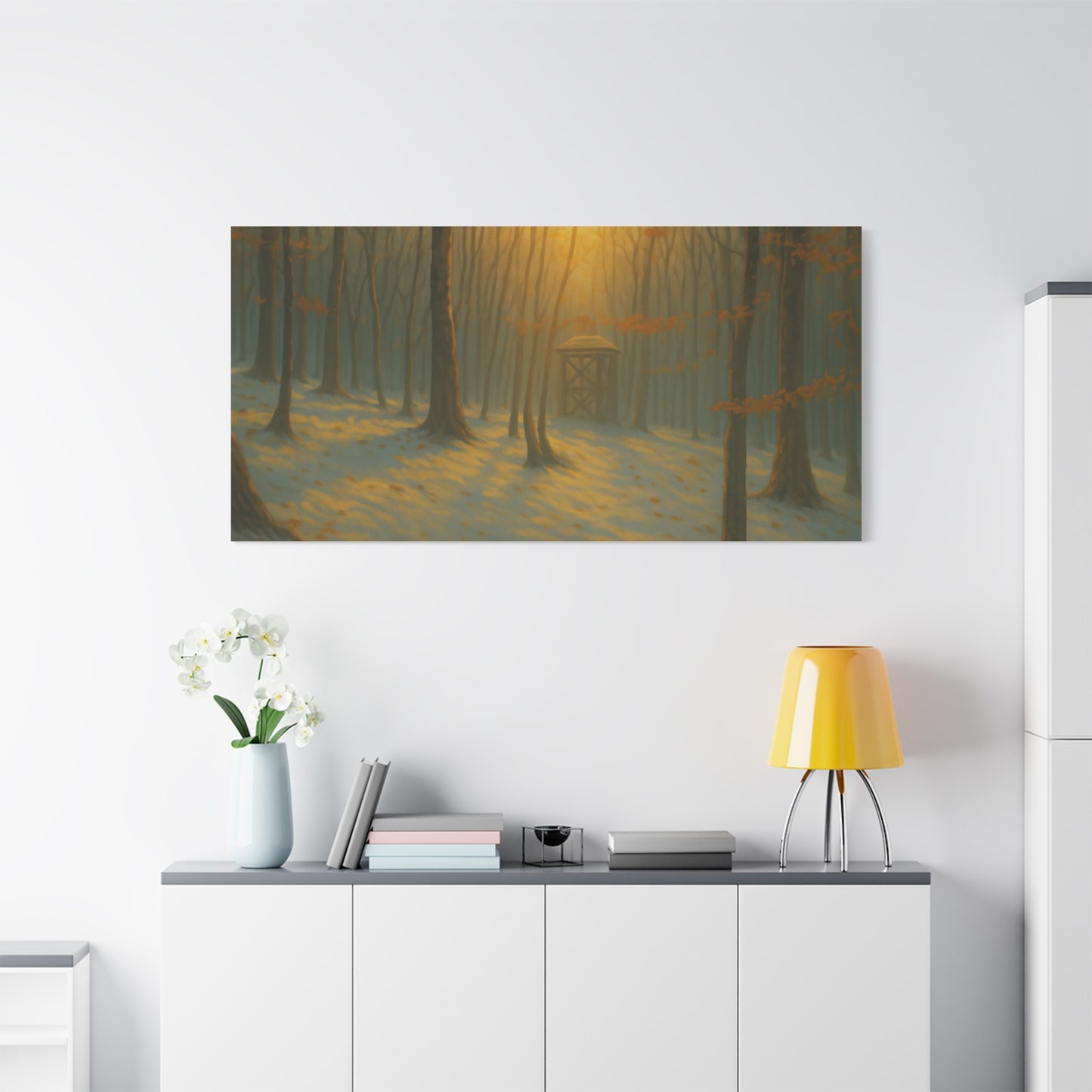 Matte stretched canvas print of a Misty Forest Sunrise, featuring vibrant natural landscape artwork by Printify.