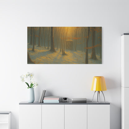 Matte stretched canvas print of a Misty Forest Sunrise, featuring vibrant natural landscape artwork by Printify.