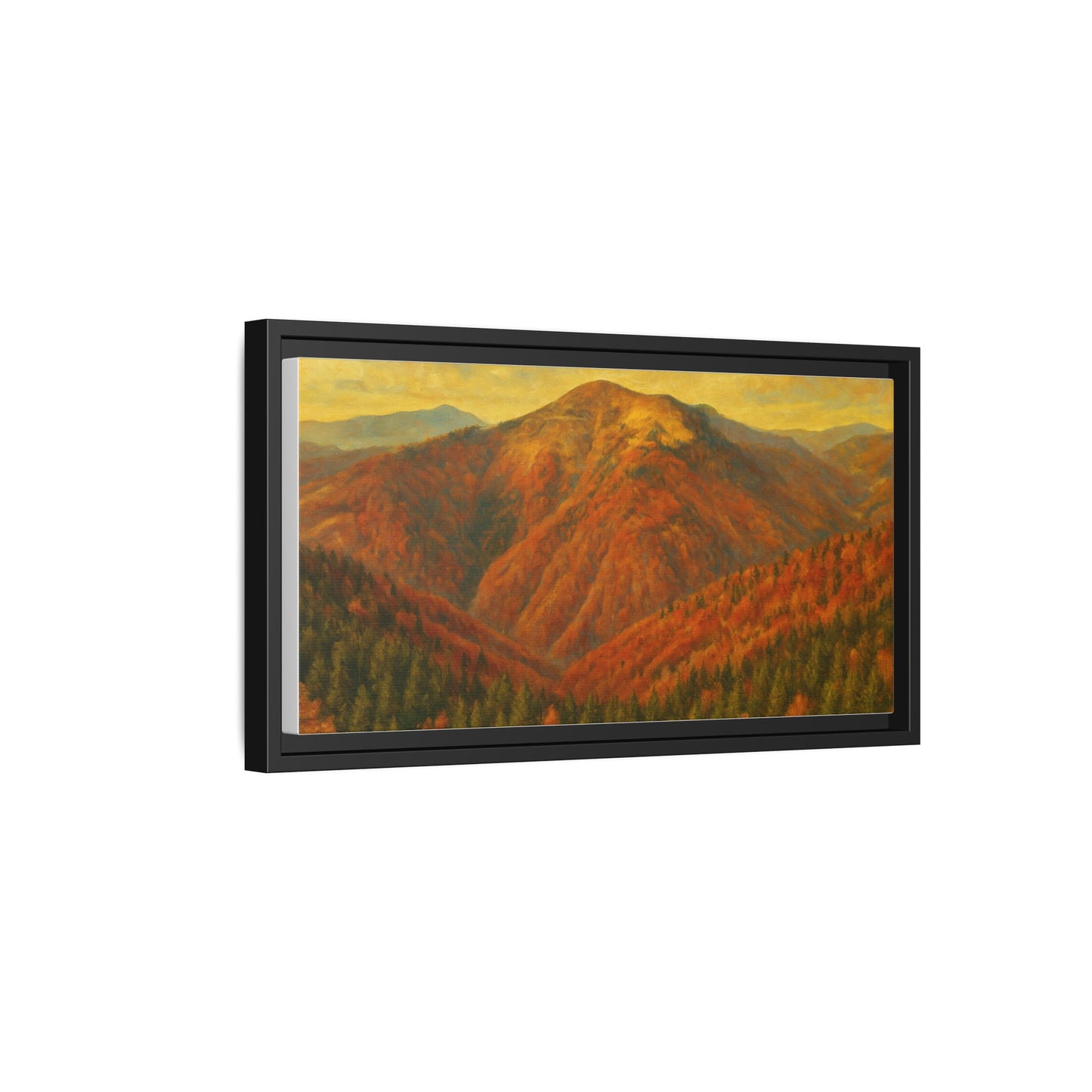 Autumn Mountain matte canvas framed wall art by Printify showing a scenic mountain landscape with warm autumn colors.