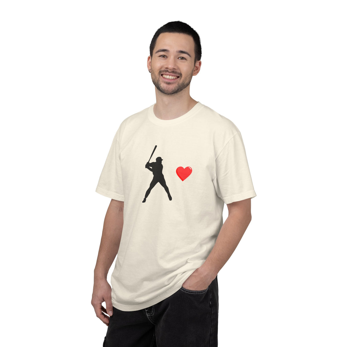 White baseball batter heart T-shirt by Printify featuring a graphic of a batter swinging a bat on the front.