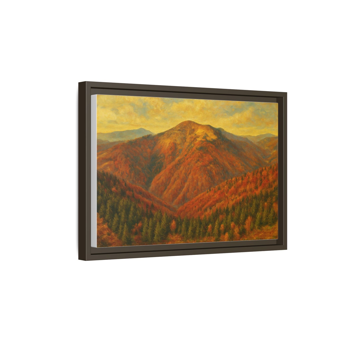 Autumn Mountain matte canvas framed wall art by Printify featuring a scenic mountain landscape in warm autumn colors.