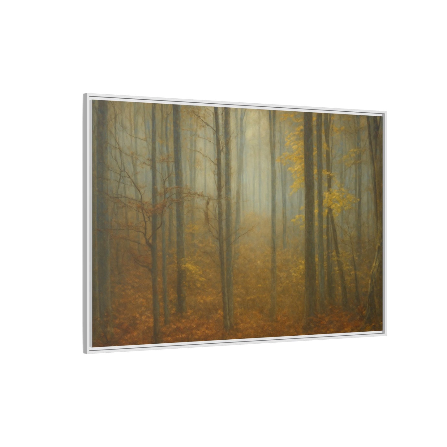 Framed matte canvas wall art depicting a misty autumn forest with vibrant fall foliage and tall trees.