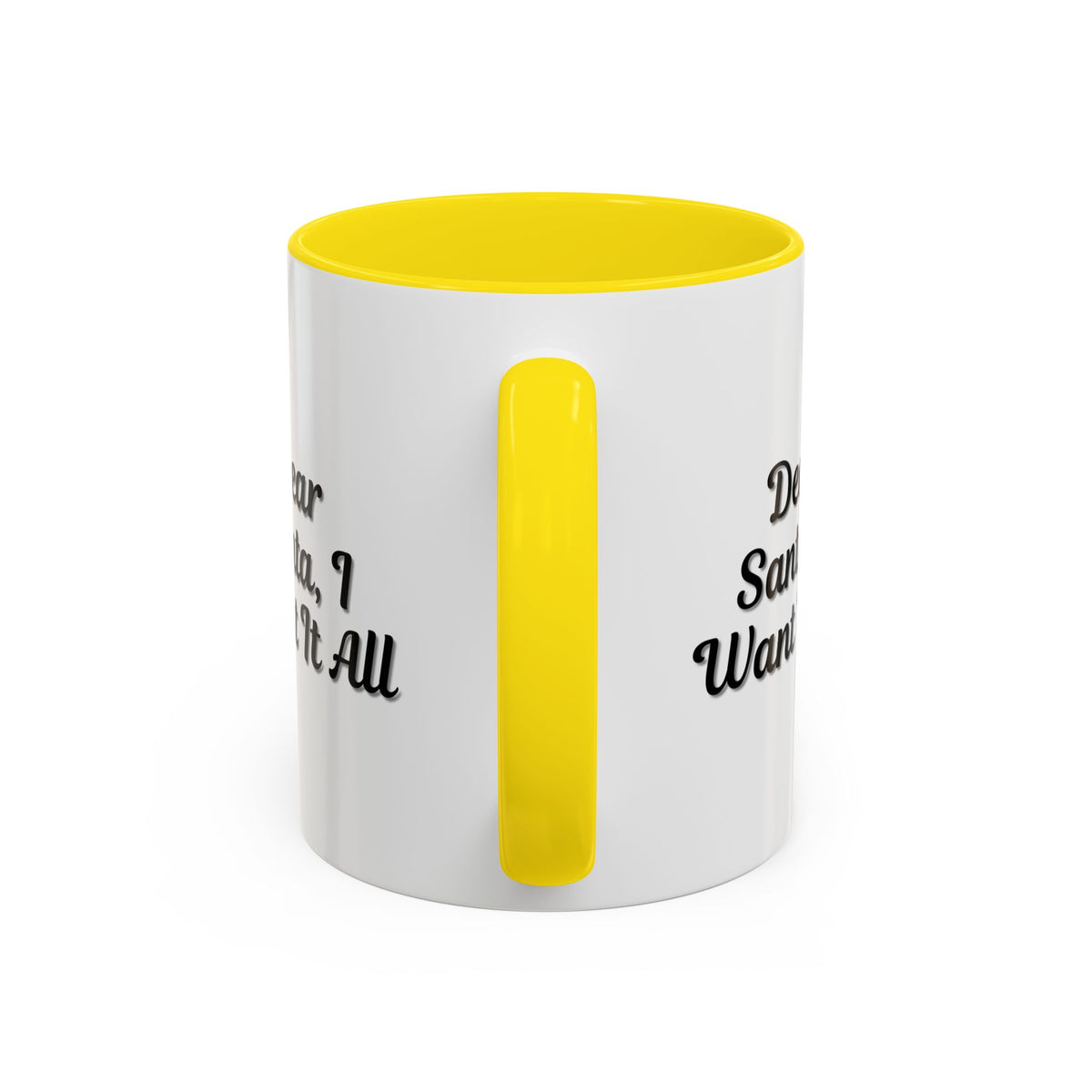 Printify holiday "Dear Santa I Want It All" Christmas coffee mug with festive red and green design, perfect for holiday gifting