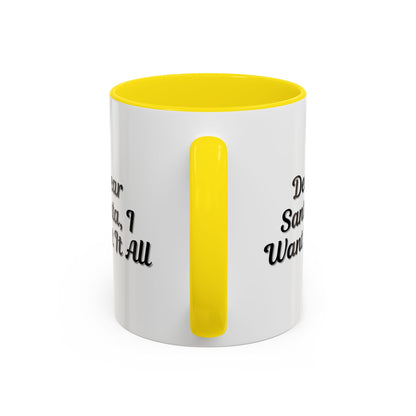 Printify holiday "Dear Santa I Want It All" Christmas coffee mug with festive red and green design, perfect for holiday gifting
