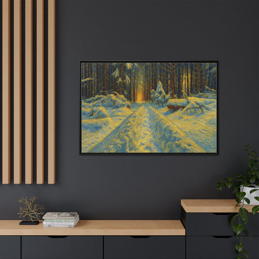 Framed Matte Canvas Print — Snowy Forest Path Sunset Wall Art