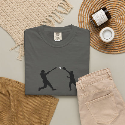 Black baseball silhouette graphic T-shirt for men, featuring minimal baseball players design on soft cotton fabric.